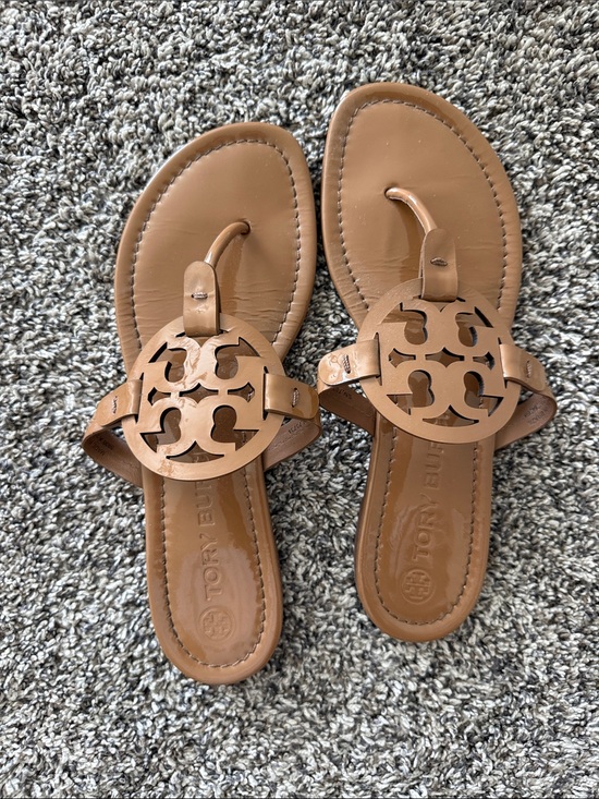 Tory Burch Shoes - Tory Burch Tan Leather Logo Thong Sandals